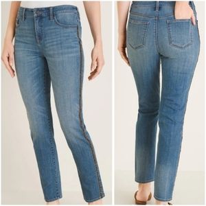 Chico's So Slimming Metallic Side Stripe Girlfriend Ankle Blue Denim Jeans 3R XL